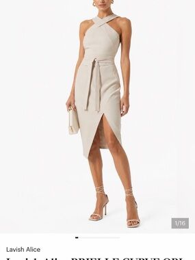Lavish Alice Cream Wrap-Front Midi Skirt with Self-Tie Waist